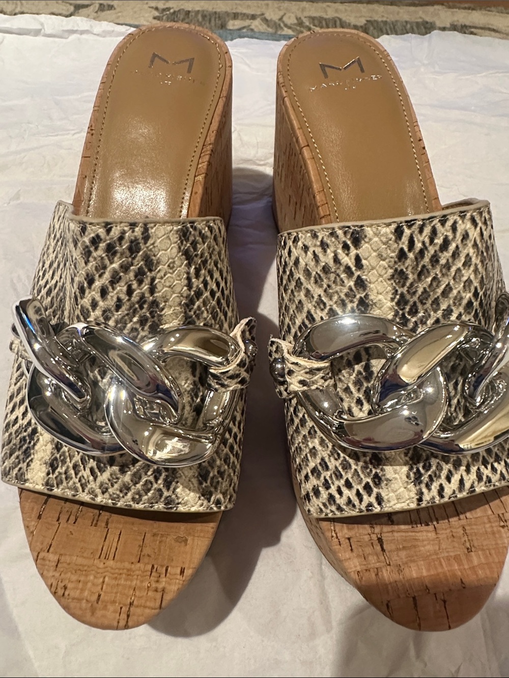 Marc Fisher Snake-Print Cork Wedge Mules with Silver Chain